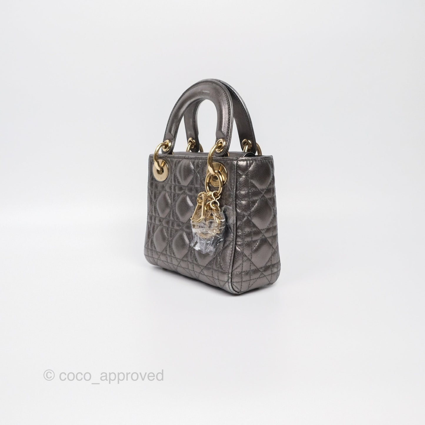 Christian Dior Mini Lady Dior Metallic Dark Grey Lambskin Cannage Gold Hardware