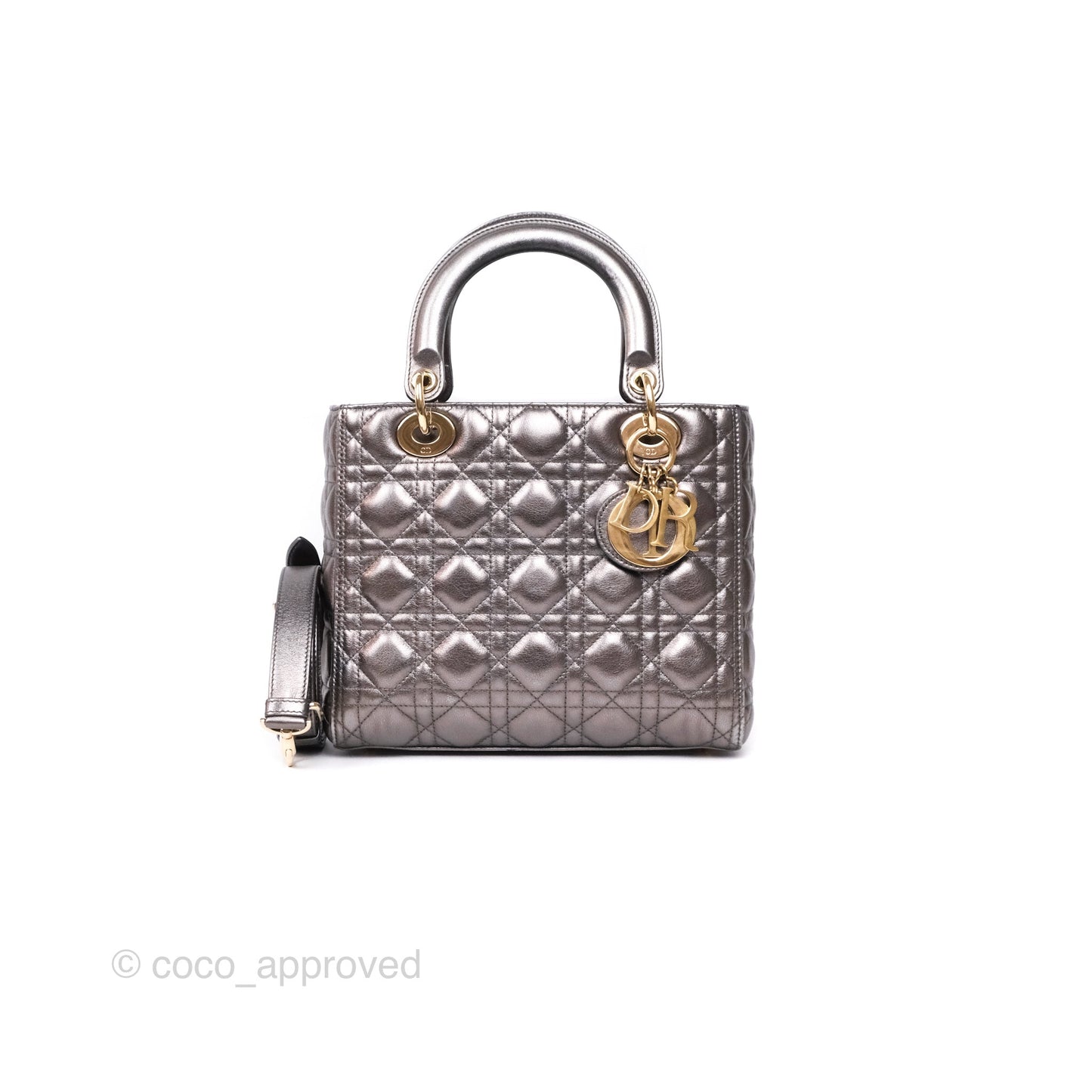 Christian Dior Medium Lady Dior Metallic Dark Grey Lambskin Gold Hardware