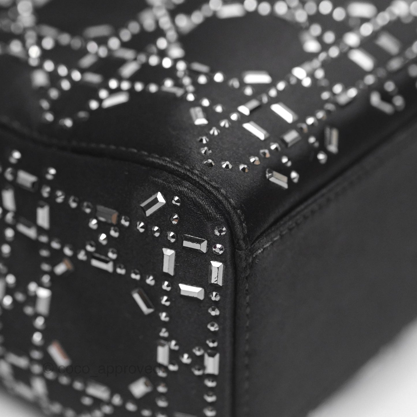 Christian Dior Mini Lady Dior Bag Black Strass Cannage Satin Silver Hardware