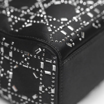 Christian Dior Mini Lady Dior Bag Black Strass Cannage Satin Silver Hardware