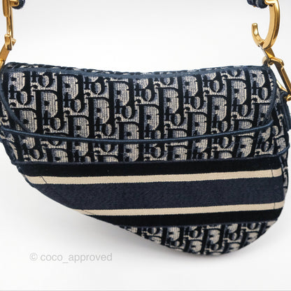 Christian Dior Saddle Bag Velvet Navy Dior Oblique Embroidery Gold Hardware