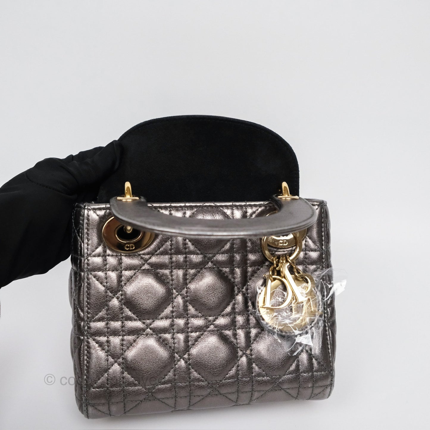 Christian Dior Mini Lady Dior Metallic Dark Grey Lambskin Cannage Gold Hardware