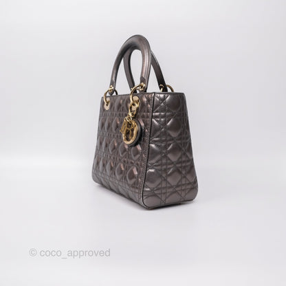 Christian Dior Medium Lady Dior Metallic Dark Grey Lambskin Gold Hardware
