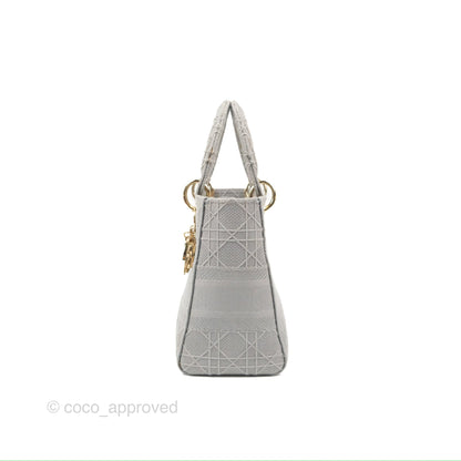 Christian Dior Medium Lady D-Lite Bag Gray Cannage Embroidery Gold Hardware
