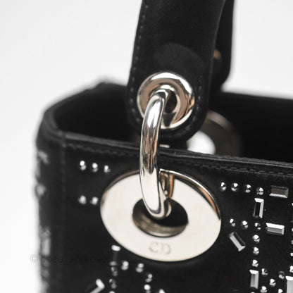 Christian Dior Mini Lady Dior Bag Black Strass Cannage Satin Silver Hardware