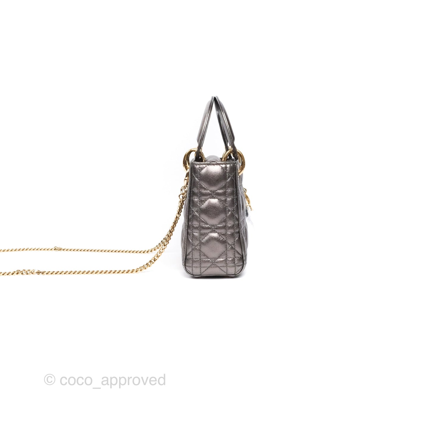 Christian Dior Mini Lady Dior Metallic Dark Grey Lambskin Cannage Gold Hardware
