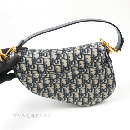 Christian Dior Saddle Bag Navy Dior Oblique Embroidery Gold Hardware