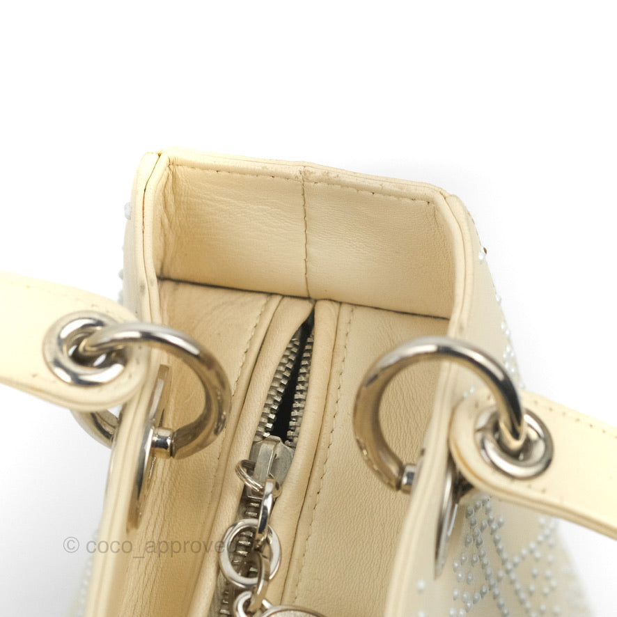 Christian Dior Lady Dior White Studded Light Beige Silver Hardware