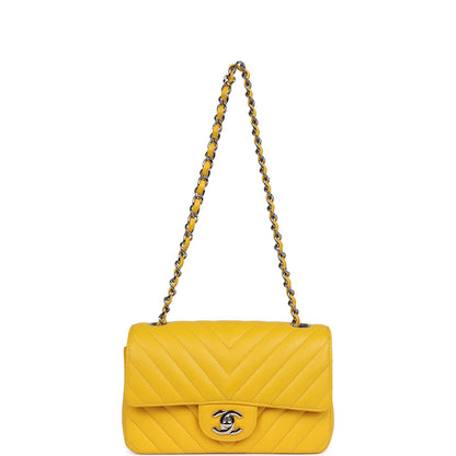Chanel Mini Rectangular Flap Yellow Chevron Caviar Silver Hardware