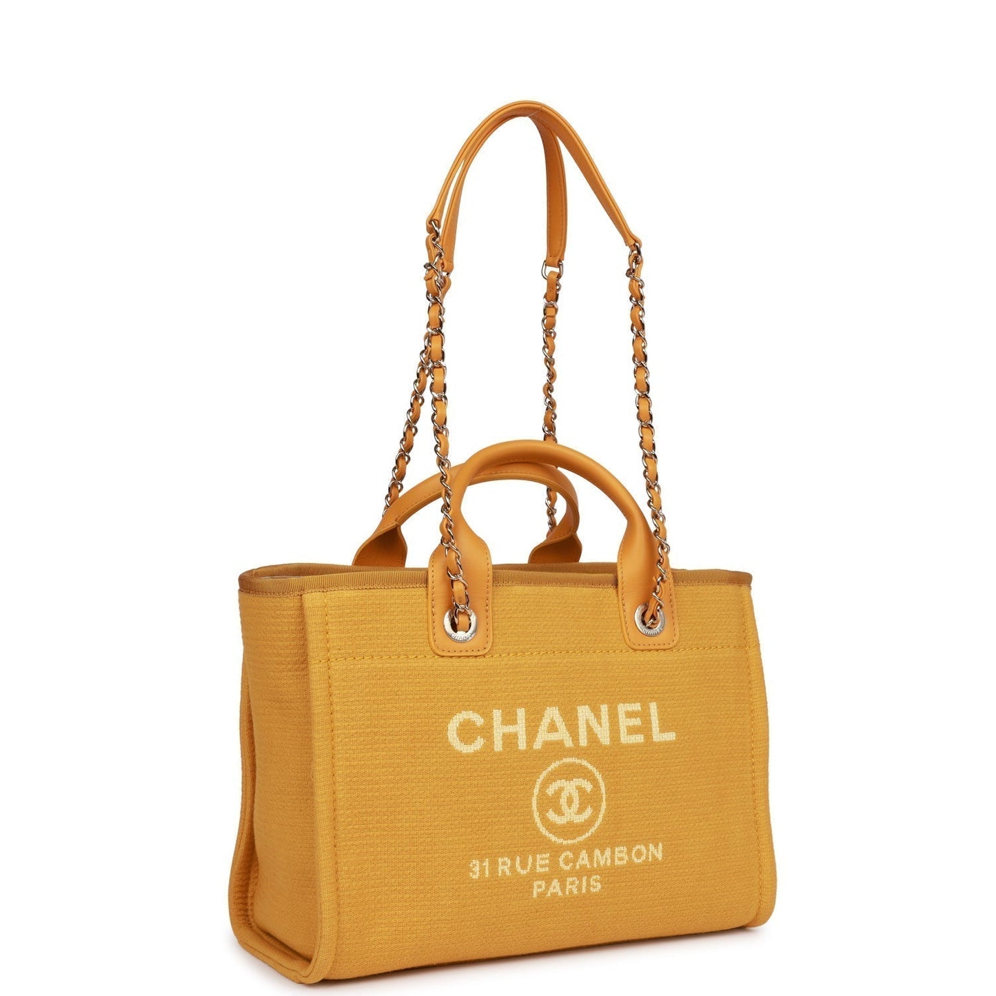 Chanel Small Deauville Shopping Bag Dark Yellow Boucle Light Gold Hardware