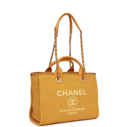 Chanel Small Deauville Shopping Bag Dark Yellow Boucle Light Gold Hardware