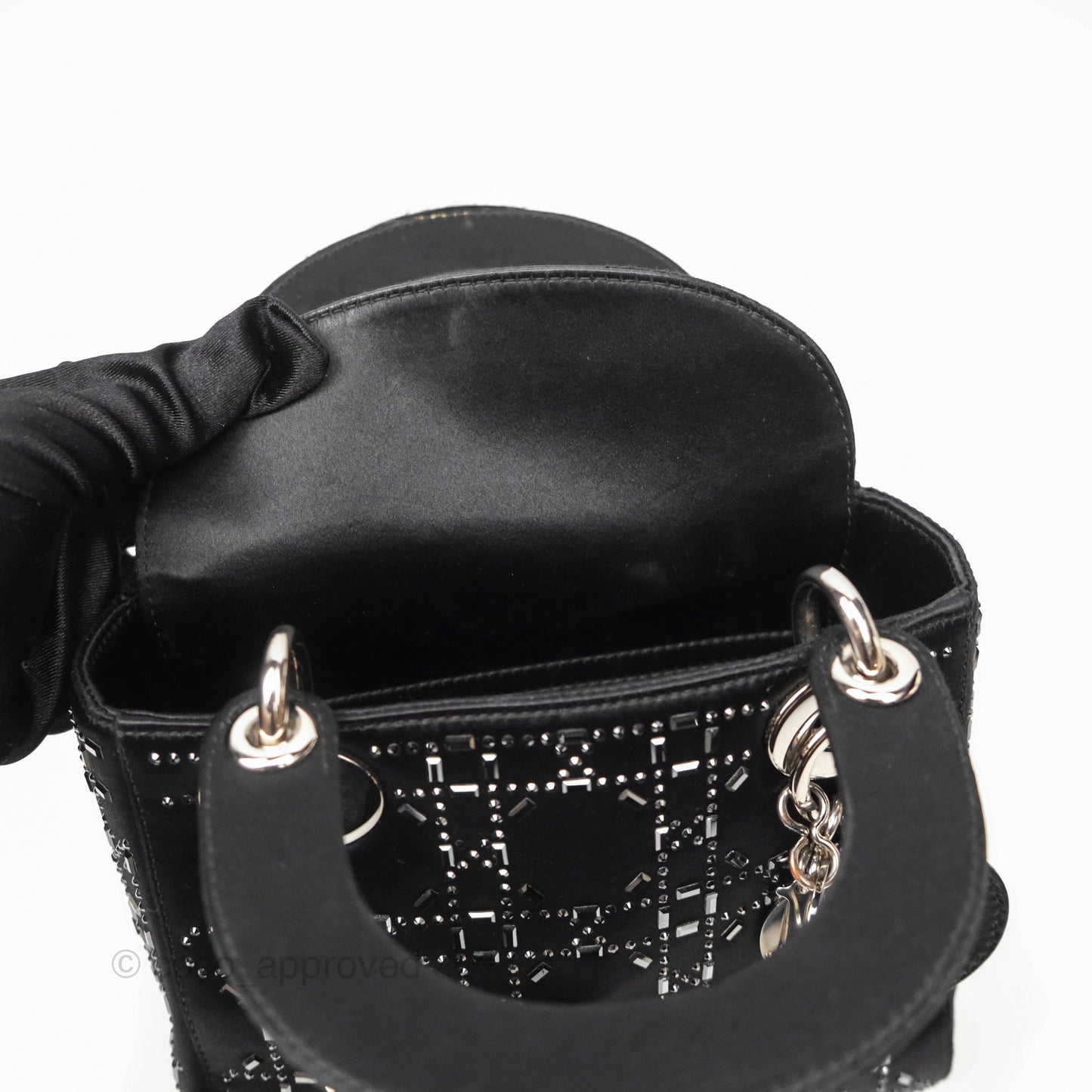 Christian Dior Mini Lady Dior Bag Black Strass Cannage Satin Silver Hardware