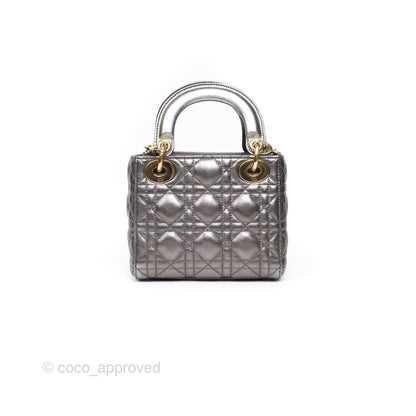 Christian Dior Mini Lady Dior Metallic Dark Grey Lambskin Cannage Gold Hardware