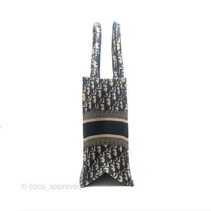 Christian Dior Medium (Old Small) Dior Navy Oblique Embroidery Canvas Book Tote