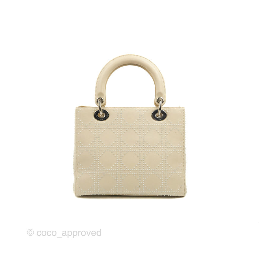 Christian Dior Lady Dior White Studded Light Beige Silver Hardware
