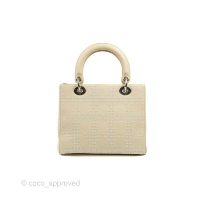 Christian Dior Lady Dior White Studded Light Beige Silver Hardware