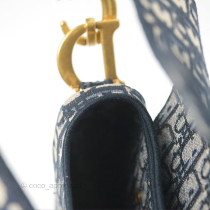 Christian Dior Navy Saddle Bag Dior Oblique Embroidery Gold Hardware