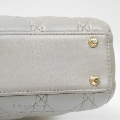Christian Dior Mini Lady Dior Iridescent Light Grey Cannage Lambskin Gold Hardware