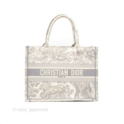 Christian Dior Medium (Old Small) Embroidered Toile De Jouy Light Grey Canvas Book Tote