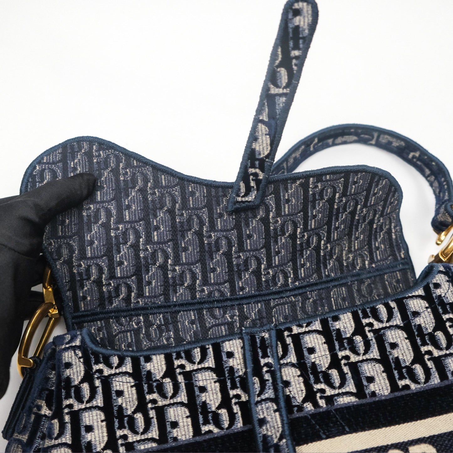 Christian Dior Saddle Bag Velvet Navy Dior Oblique Embroidery Gold Hardware