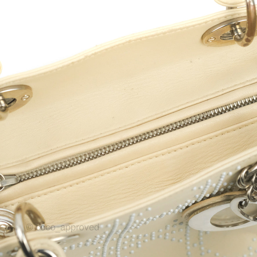 Christian Dior Lady Dior White Studded Light Beige Silver Hardware