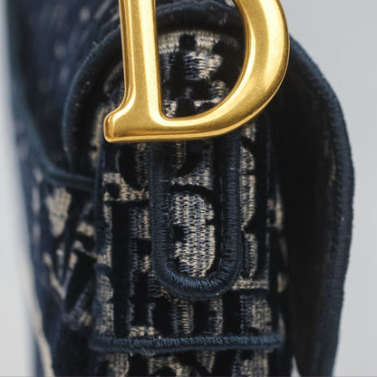 Christian Dior Saddle Bag Velvet Navy Dior Oblique Embroidery Gold Hardware