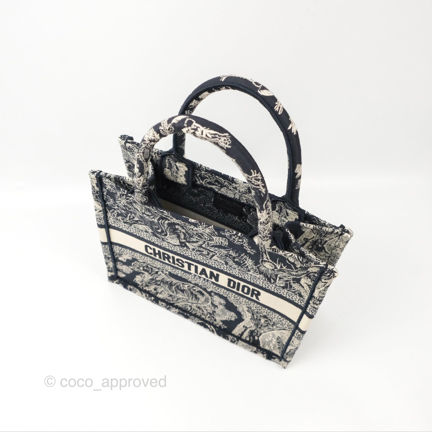Christian Dior New Small Embroidered Toile De Jouy Canvas Book Tote Navy