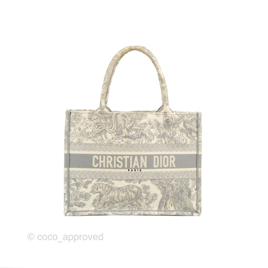 Christian Dior Medium (Old Small) Embroidered Toile De Jouy Light Grey Canvas Book Tote