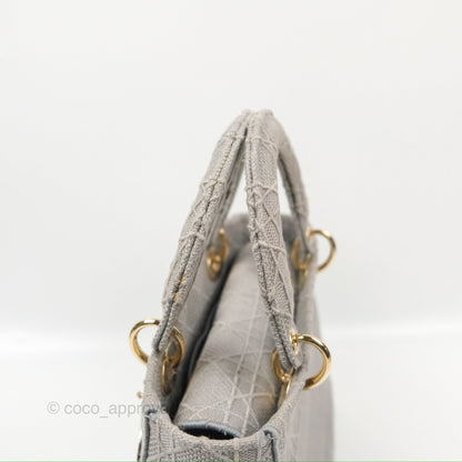 Christian Dior Medium Lady D-Lite Bag Gray Cannage Embroidery Gold Hardware