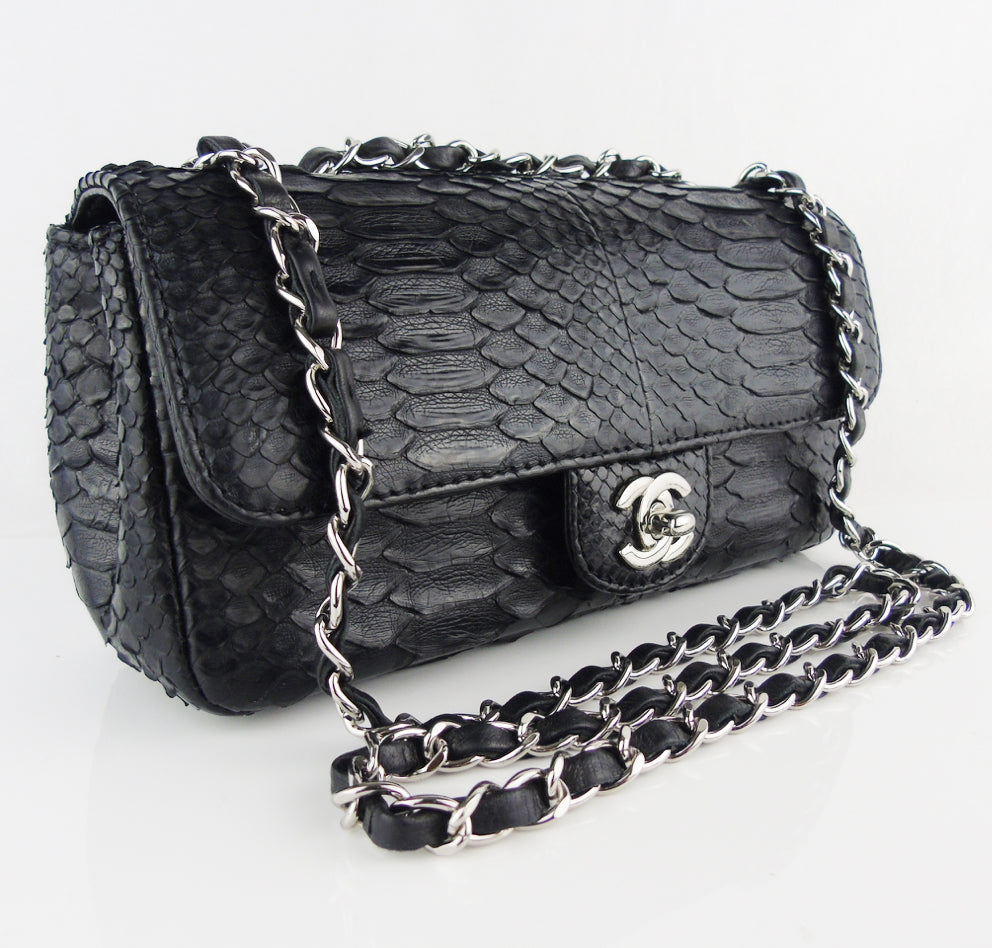 CHANEL black python exotic leather classic mini rectangular flap bag