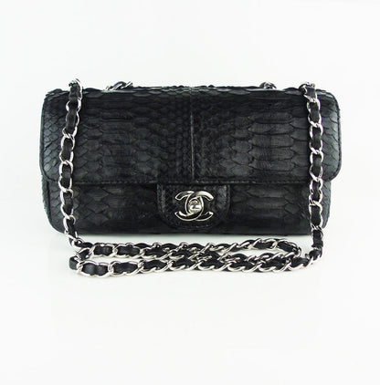 CHANEL black python exotic leather classic mini rectangular flap bag