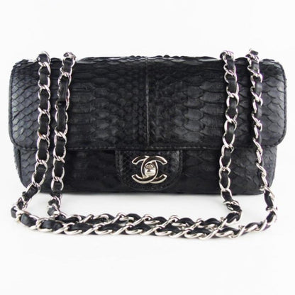 CHANEL black python exotic leather classic mini rectangular flap bag