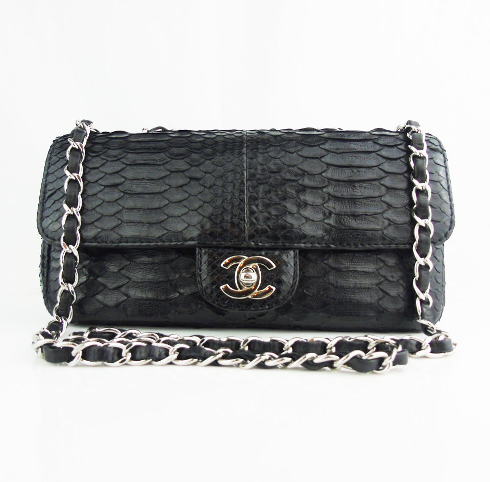 CHANEL black python exotic leather classic mini rectangular flap bag