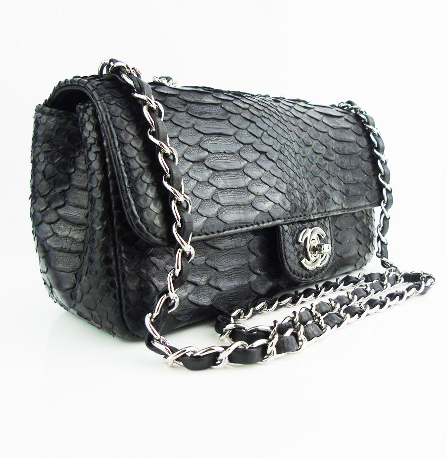CHANEL black python exotic leather classic mini rectangular flap bag