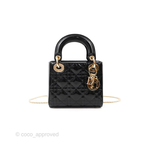 Christian Dior Mini Lady Dior Black Patent Gold Hardware