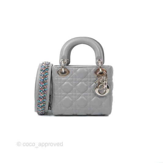 Christian Dior Mini Lady Dior Grey Lambskin Cannage Silver Hardware