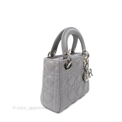 Christian Dior Mini Lady Dior Grey Lambskin Cannage Silver Hardware