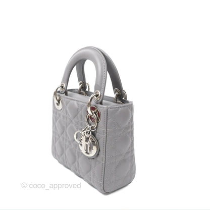 Christian Dior Mini Lady Dior Grey Lambskin Cannage Silver Hardware
