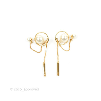 Christian Dior CD Pearl Tribales Chain Earrings Gold Tone