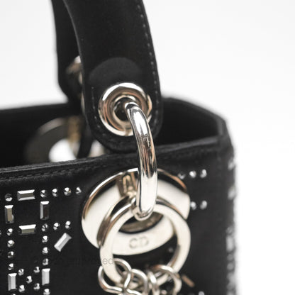 Christian Dior Mini Lady Dior Bag Black Strass Cannage Satin Silver Hardware