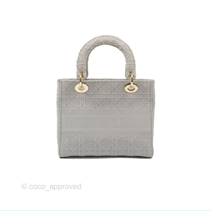 Christian Dior Medium Lady D-Lite Bag Gray Cannage Embroidery Gold Hardware