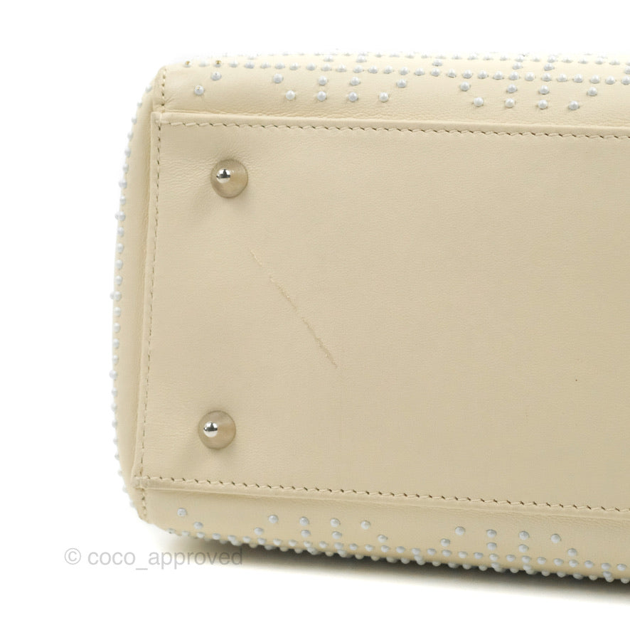 Christian Dior Lady Dior White Studded Light Beige Silver Hardware