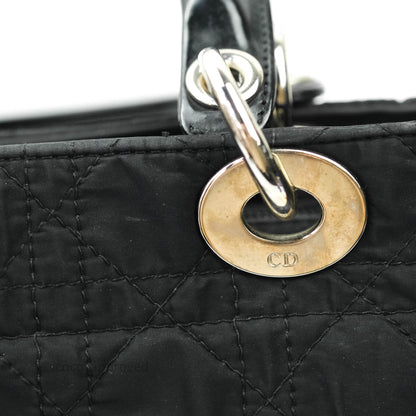 Christian Dior Vintage Large Cannage Fabric Black Lady Dior Silver Hardware