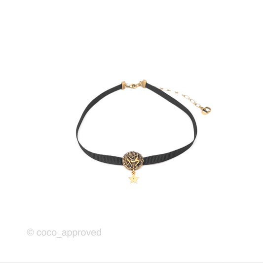 Christian Dior Grosgrain Ribbon Astrology Choker Aged Gold Hardware