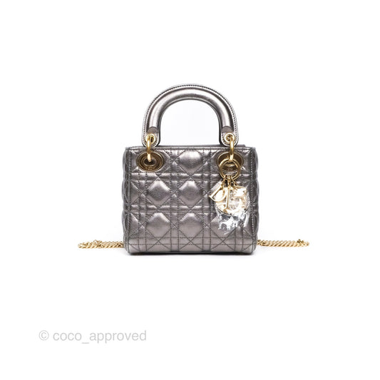 Christian Dior Mini Lady Dior Metallic Dark Grey Lambskin Cannage Gold Hardware