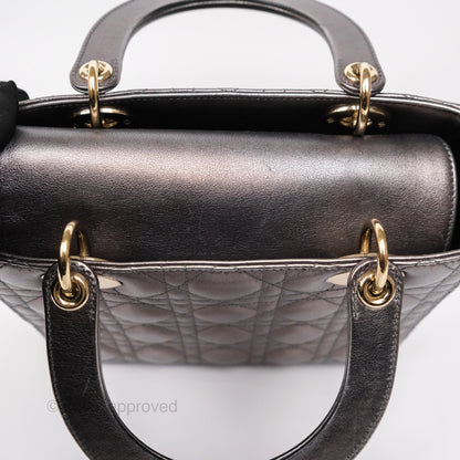 Christian Dior Medium Lady Dior Metallic Dark Grey Lambskin Gold Hardware