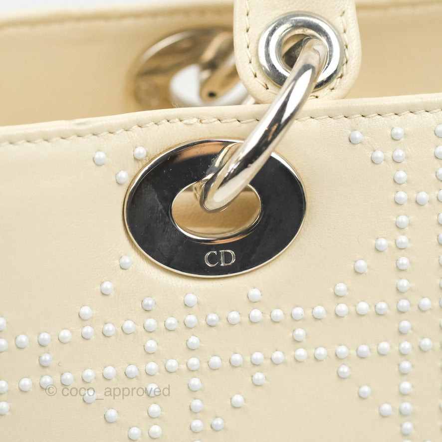 Christian Dior Lady Dior White Studded Light Beige Silver Hardware