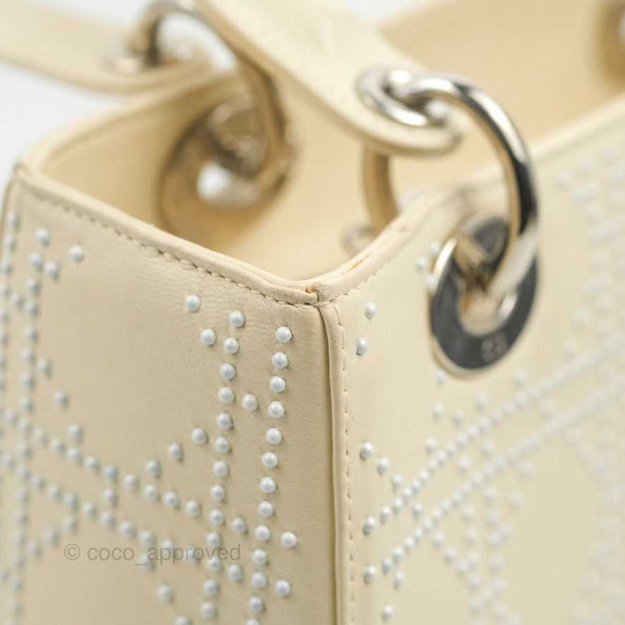 Christian Dior Lady Dior White Studded Light Beige Silver Hardware