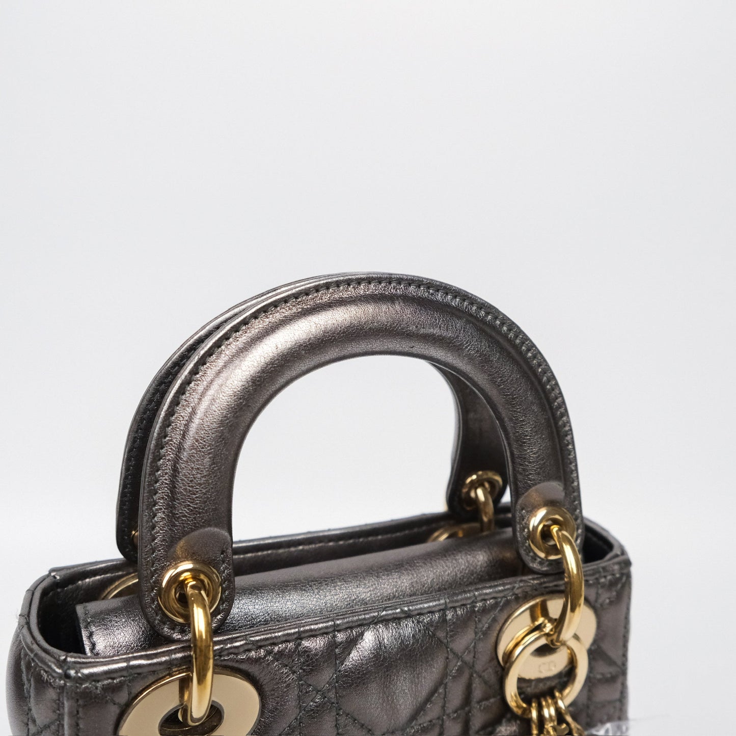 Christian Dior Mini Lady Dior Metallic Dark Grey Lambskin Cannage Gold Hardware