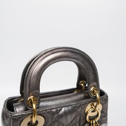 Christian Dior Mini Lady Dior Metallic Dark Grey Lambskin Cannage Gold Hardware